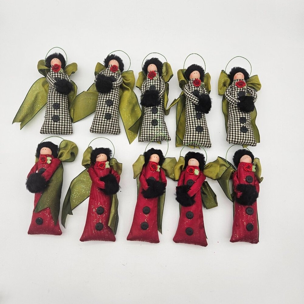 Lot of 10 Angel Ornaments Gingham  & Red Coats Glitter Hand Warmers Buttons